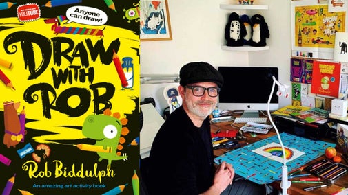 Draw With Rob activity book and author-illustrator photo.